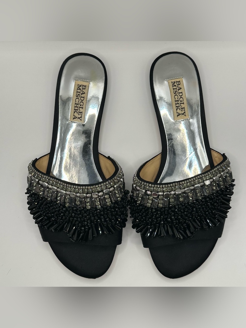 BADGLEY MISCHKA Black Satin Crystal & Bead Embellished Flat Slide Sandals Size 7